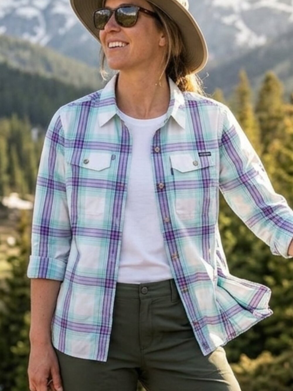Patagonia Women Sun Stretch LS Shirt Plaid Zipper Pocket UPF Fishing Hiking Size